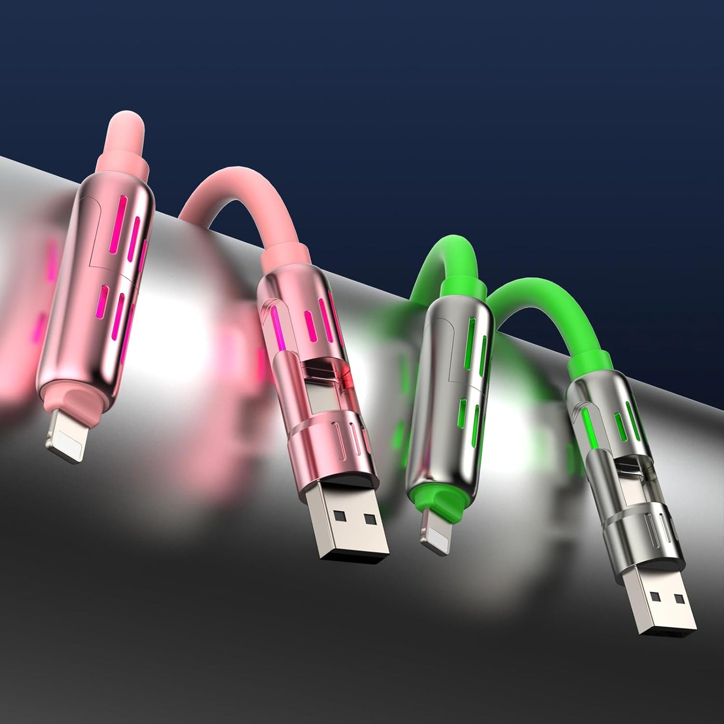 MFish 240W 4-in-1 Universal USB Charging Cable [2 Pack, 6.6ft] – Fast Charger Cord with USB-A, Dual USB-C & Lighting, for iPhone 14/15/16/17 Series, iPad & MacBook & More (2PACK, Pink+Green, 6.6Ft)