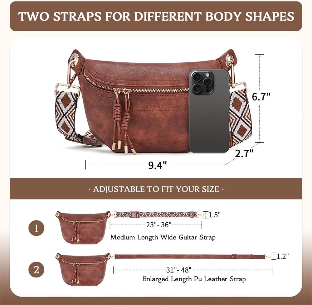 HKCLUF Fanny Pack Crossbody Bags for Women Pu Leather Belt Bag Waist Pack Causal Chest Bum Bag With 2 Straps
