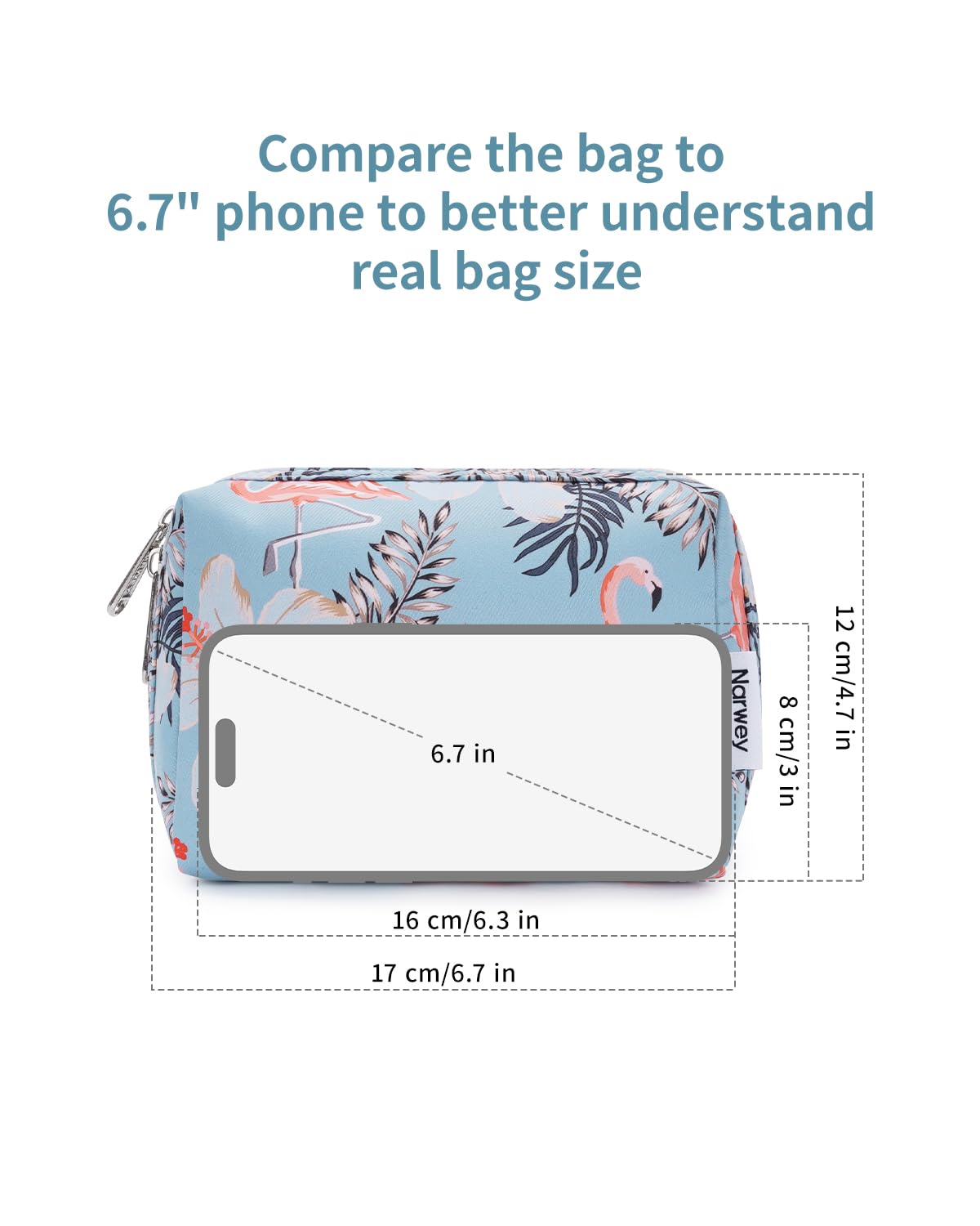 Narwey Small Makeup Bag for Purse Mini Cosmetic Bag Travel Makeup Pouch Zipper Pouch Cute Make up Bags with Compartments for Women Girls(Small, Aqua Flamingo)