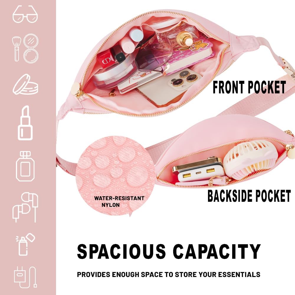 Fanny Pack Women Waist Pack Bag Pink Belt Pack Travel Crossbody Bag for Women Nylon (Pink)
