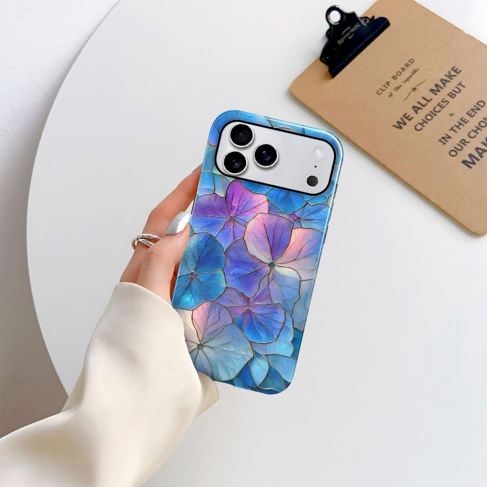 Case for iPhone 17 Pro Max - Slim Fit Anti-Scratch Phone Case for Girl Women - Blue Hydrangea Floral Stained Glass Aesthetic (Glossy)