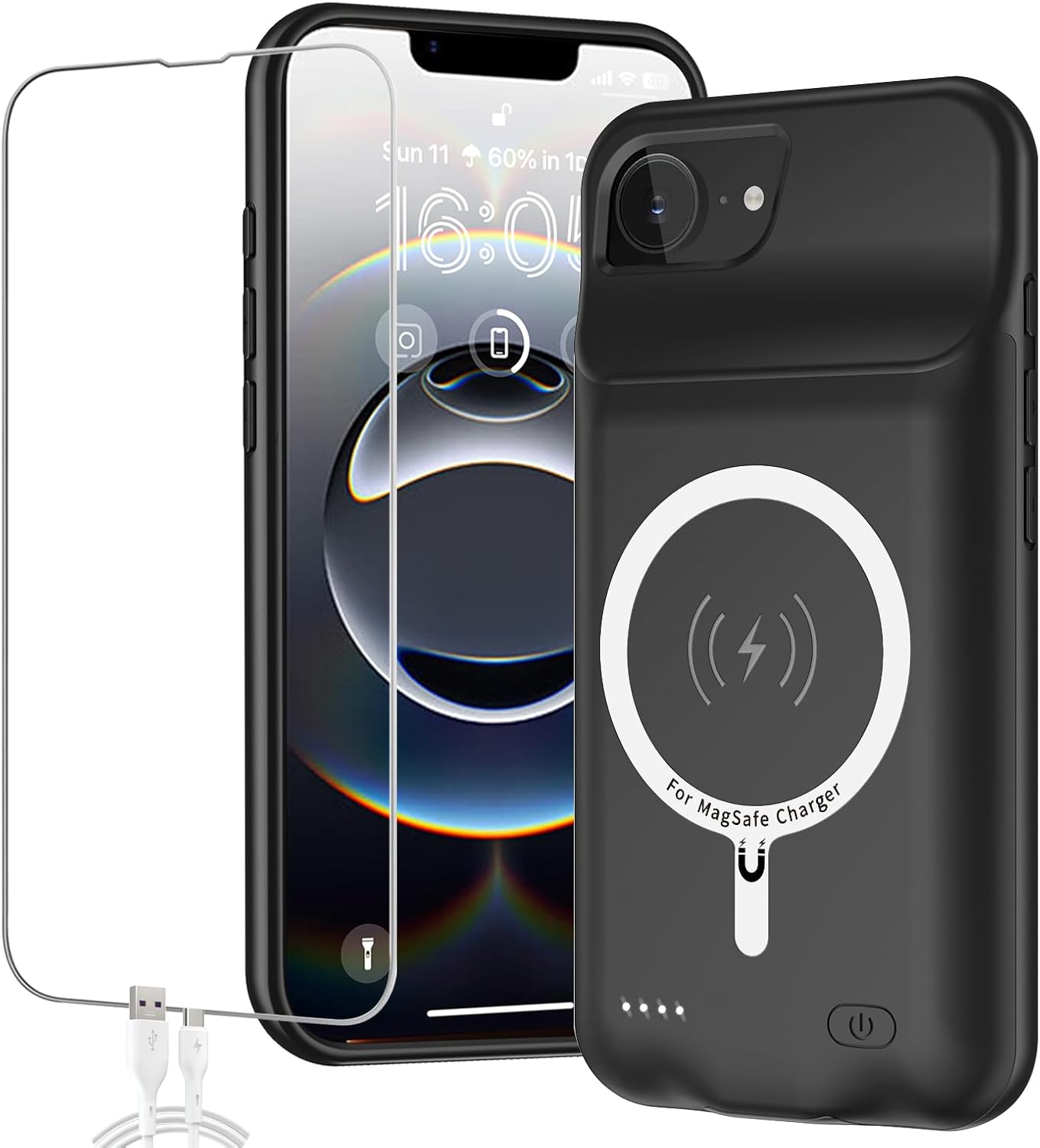 Battery Case for iPhone 16e, 10000mAh High Capacity Portable Charger Case, Rechargeable Smart Battery Pack Compatible with iPhone 16e 6.1 inch Charging, Support Wireless & Carplay - Black