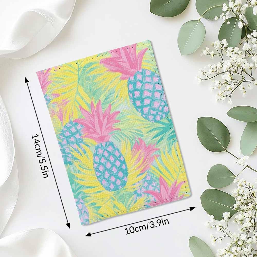 Pineapples Passport Holder for Travel Palm Leaves Art Design PU Leather Passport Cover Wallet Cute Passport Card Holder for Women and Men