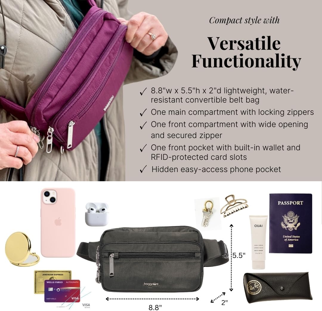 Baggallini Securtex Anti-Theft Belt Fanny Pack for Women RFID Wallet Locking Zipper-Travel Bag Crossbody Purse