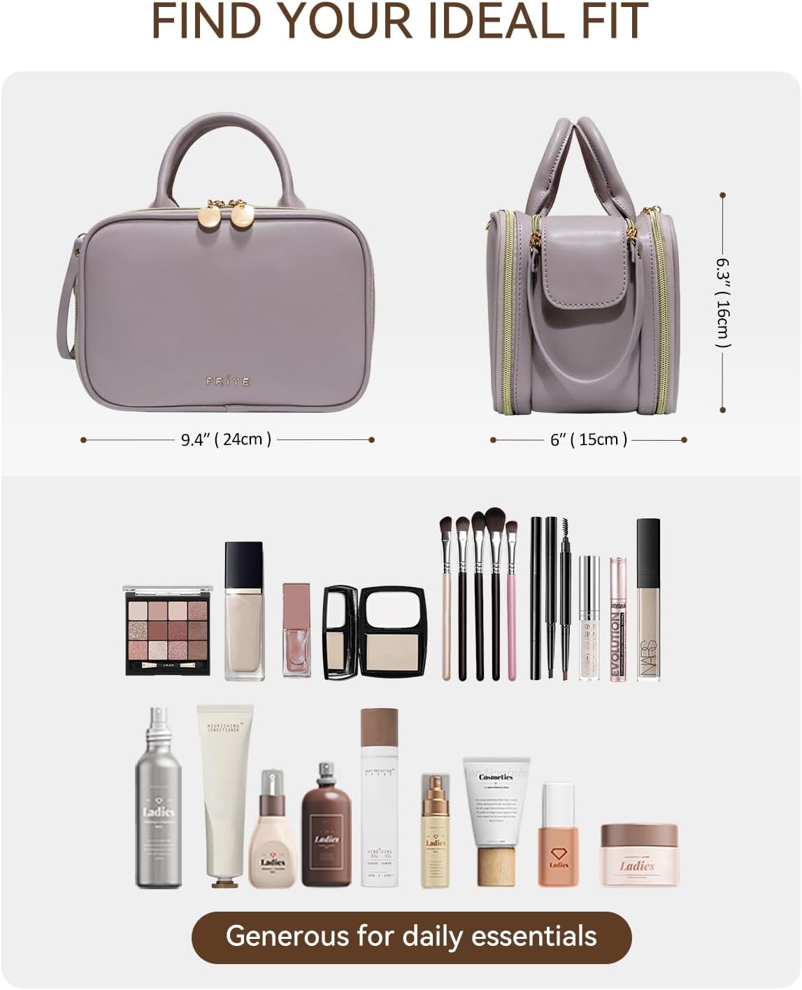 Prite Makeup Bag for Women, Large Capacity Waterproof Travel Cosmetic Organizer, Portable Open Flat Toiletry Bag with Free-standing Brush Holder and Handle(Purple Meidum)