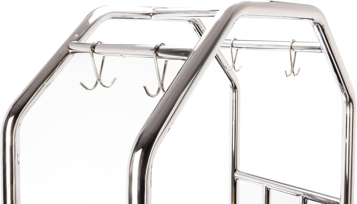 Grand Lux Stainless Steel Luggage Cart – Hotel Bellman Cart – 2" Welded Steel Frame Valet w/Plush Carpeted Deck, 8" Wheels – Ideal for Hotel Resorts, Large Events - 1000 LB