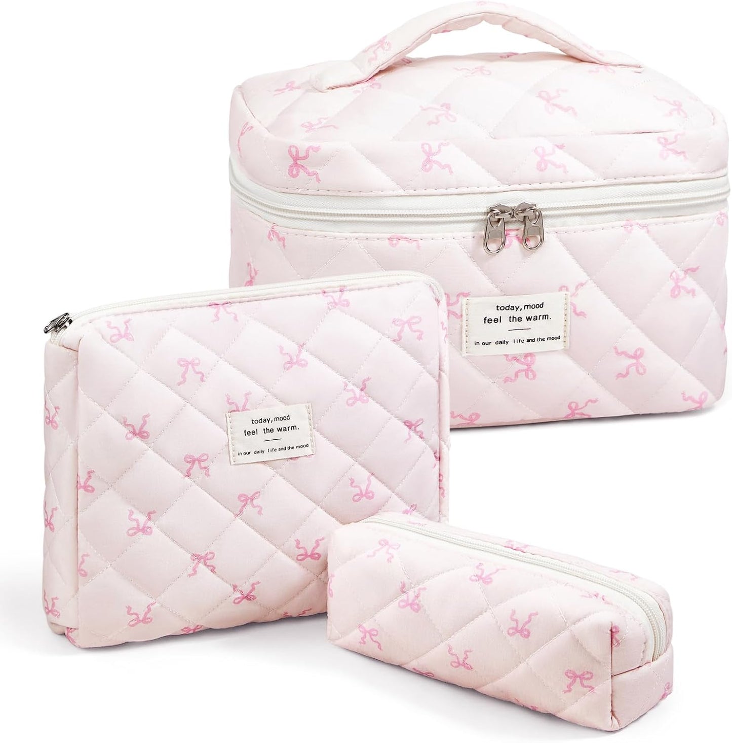Quilted Makeup Bag, Large Capacity Travel Cosmetic Bag for Women and Girls, Aesthetic Storage for Daily and Travel Use (3PCS-Pink SlimBow)