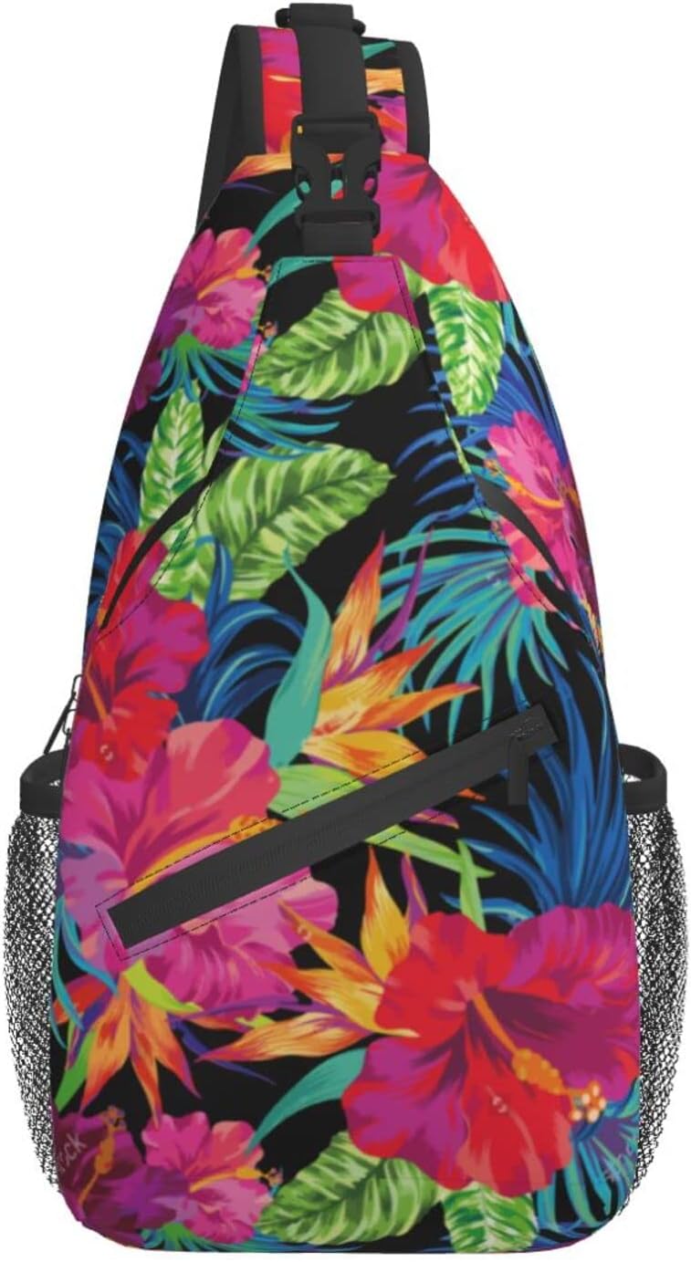 Tropical Hawaiian Flower Sling Bag Crossbody Travel Hiking Chest Backpack Shoulder Daypack for Men