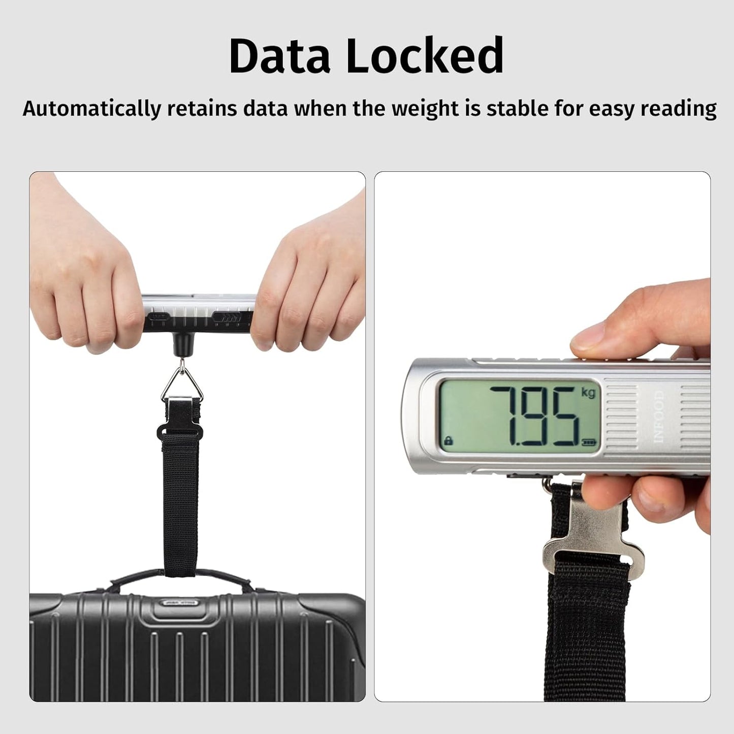 Battery-Free Digital Luggage Scale, Suitcase Scale for Travel, Portable Luggage Weight Scale with Hook & LCD Display for Luggages, Packages & Bags, 110lb/50kg Handheld Scale, Silver