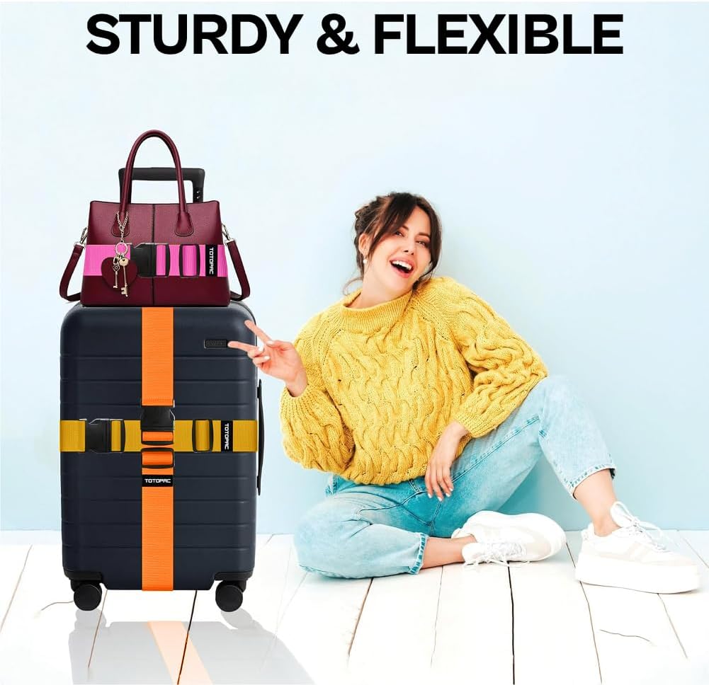 4 Pack Luggage Straps, Adjustable Suitcase Belts 72" x 2" with Quick Release Buckle, Durable Travel Accessories for Secure Luggage and Easy Identification (Orange+Blue+Pink+Yellow)