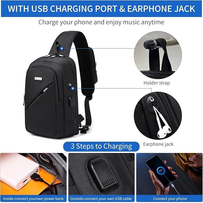 DUSLANG Crossbody Men Sling Backpacks with TSA Lock, Casual Shoulder Backpack Daypack Chest Bags with USB Charger Port For Camping Biking Travel Cycling