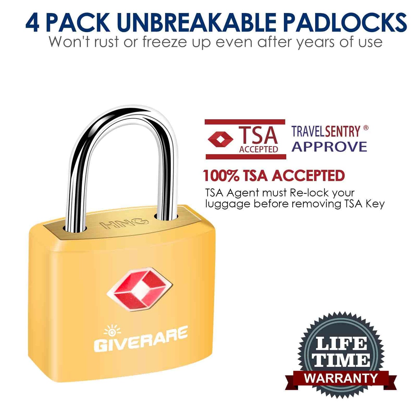 4 Pack TSA Approved Travel Luggage Locks with Keys, Solid Brass Copper Keyed Padlock, ABS Plastic