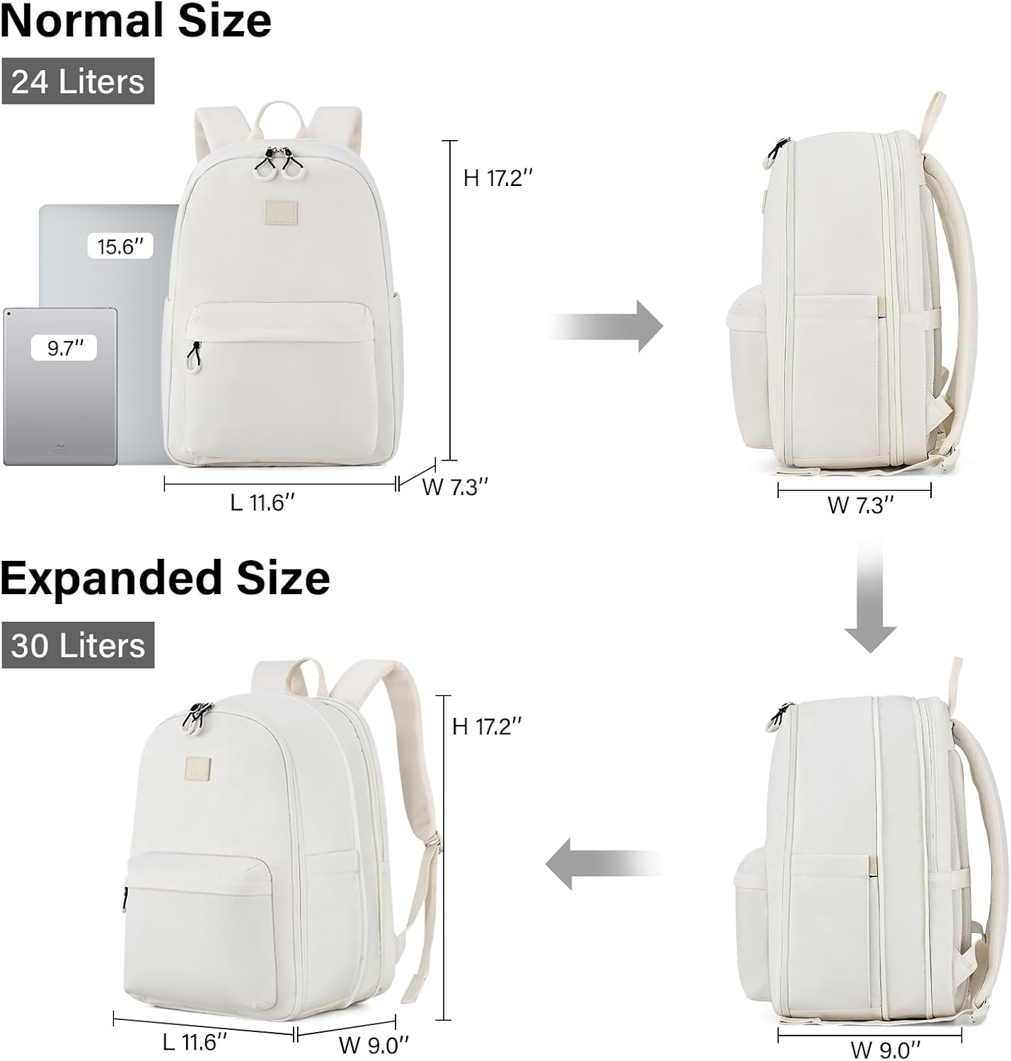 Hanke Expandable Travel Backpack for Women Men, 30L Carry On Backpack Flight Approved, Water Resistant Personal Item Travel Bag Fits 15.6 Inch, Dry & Wet Pocket Weekender Daypack, Off-White