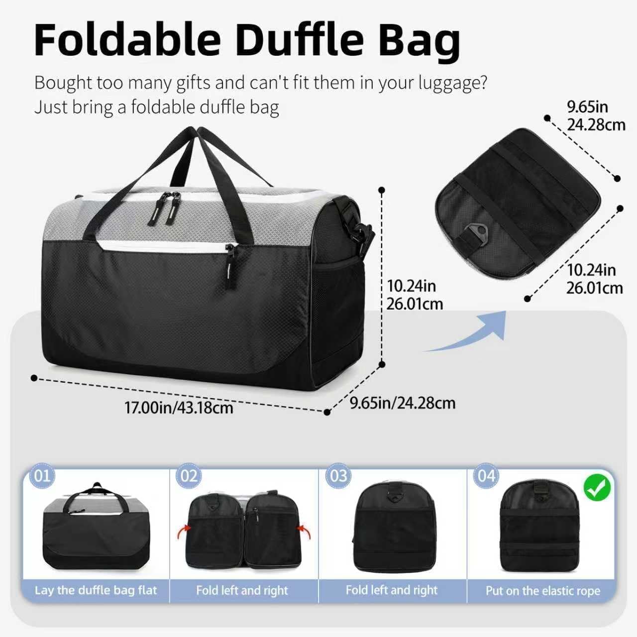 Foldable Duffle Bag for Travel, Collapsible Duffle Bag for Men, Carry On Duffel Bags for Airplanes, Black Gray