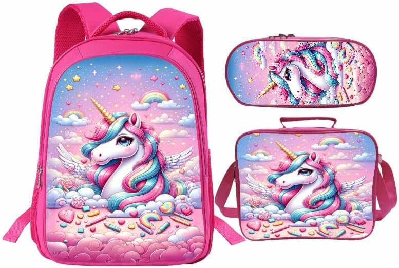 School Backpack Set for Girls Boys 3-in-1 Kids Teens Elementary Middle School Bookbag with Lunch Bag Pencil Case