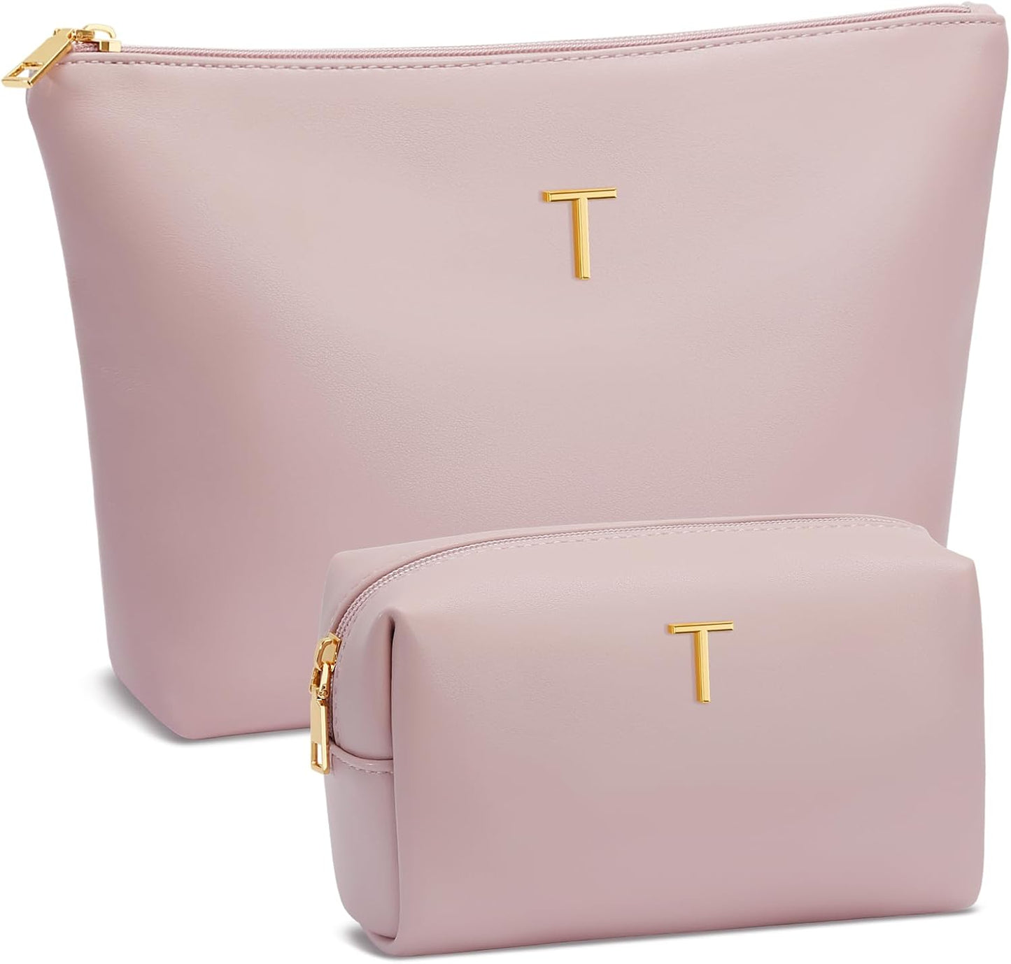 Women Gifts | Initial Makeup Bag Set for Girl Personalized Gifts for Bridesmaid Friend Graduation Teachers PU Leather Cosmetic Travel Toiletry Bag(Pink,T)