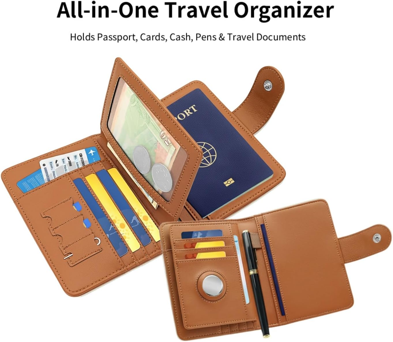 RFID Blocking Leather Passport Holder for Travel, Airtag Passport Wallet for Men and Women, Cards, Passport, Tickets, Cash, Photo and Sim Card Pen Slot (Brown)