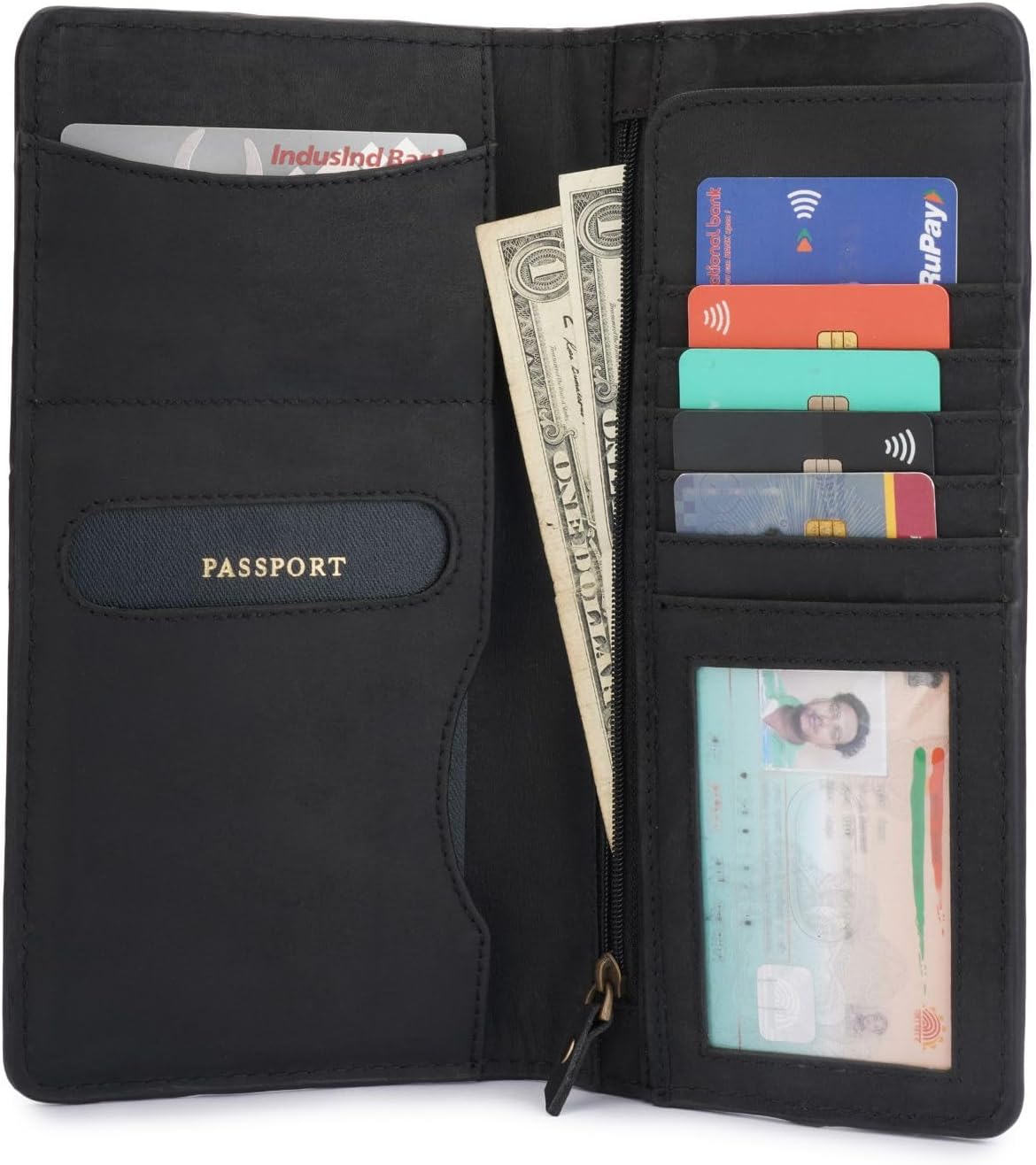 Passport Wallet for Men & Women Genuine Leather Bifold Travel Wallet RFID Blocking Long Passport Holder Document Organizer Travel Pouch Airline Ticket Wallet with Zipper Pocket [Black]
