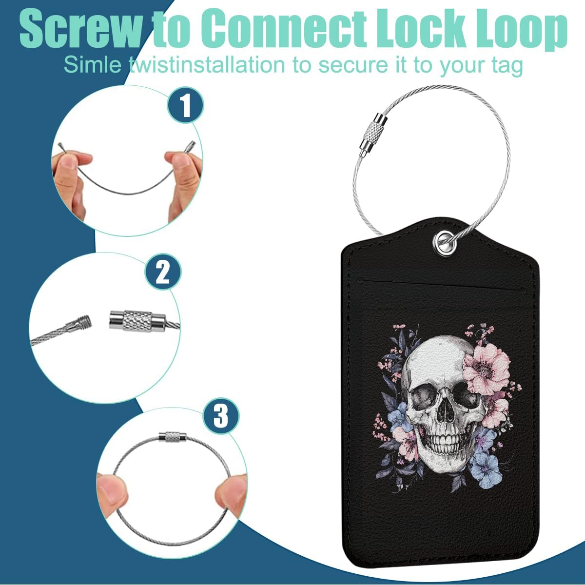 Floral Skull Luggage Tag, Suitcase Tags with Privacy Flap and Metal Loop, Gothic Luggage Tags for Suitcases, Identifiers Travel Essentials Bag Tag, Travel Gifts for Women Girls Friends