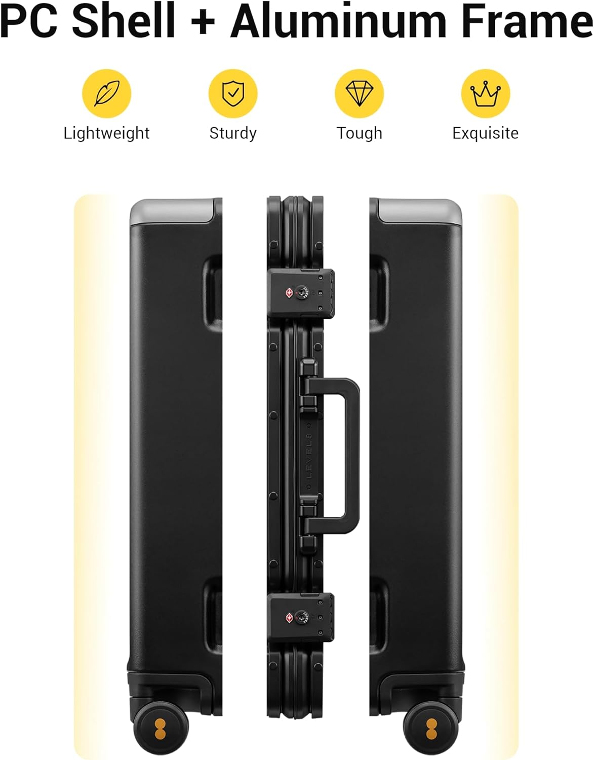 LEVEL8 Zipperless Carry On Suitcase Airline Approved with Aluminum Frame, Hard Shell Luggage with Spinner Wheels, Metal Travel Luggage with Double Tsa Locks, 20 Inch, Black