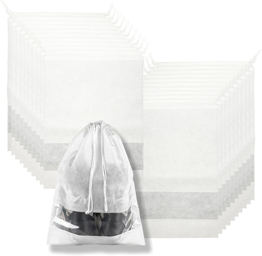 20 Pack Shoe Bags for Travel, 17" x 12.6" Drawstring Shoe Organizers with Clear Window, Breathable Non-Woven Dustproof Pouches for Luggage & Closet (White)