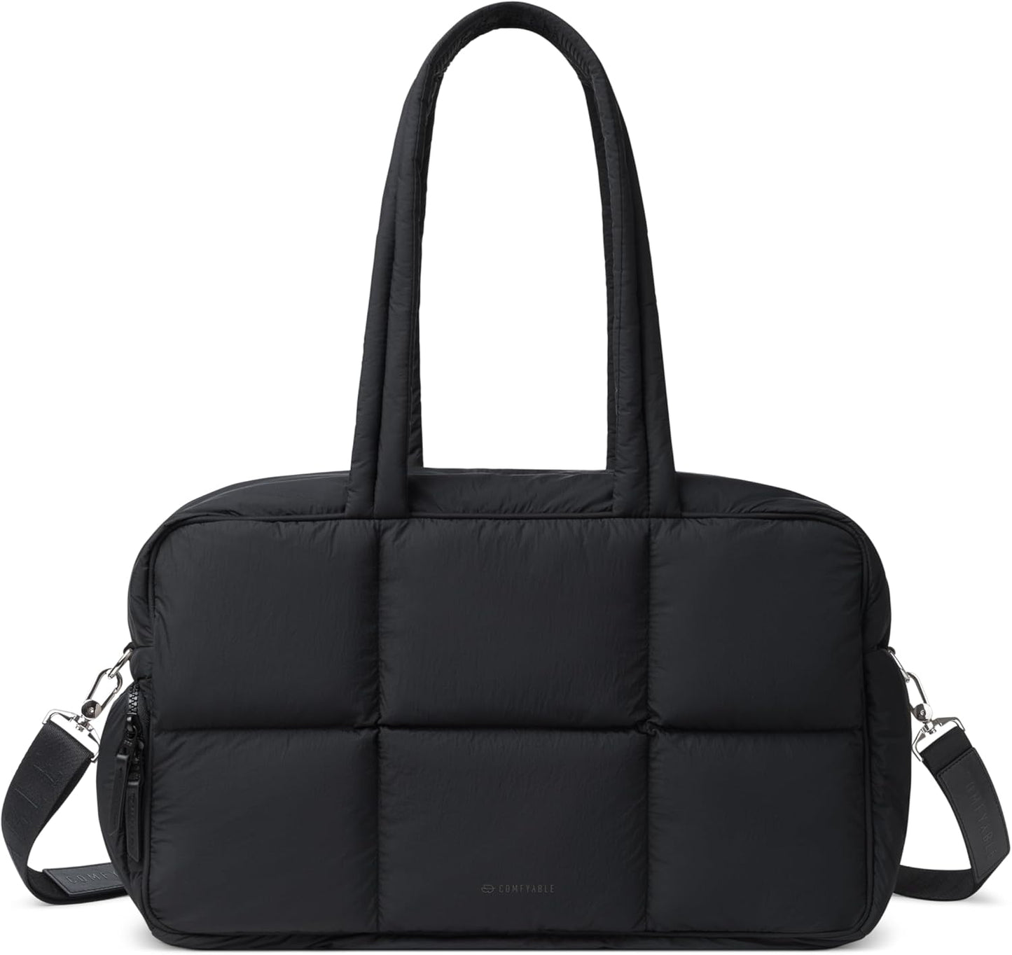 Comfyable Nylon Duffle Bag for Travel, Gym, Weekender Luggage Puffer Bag with Removable Shoe Compartment, Carrying Overnight Bag with Laptop Compartment For Women Men, Water-Repellent, Black