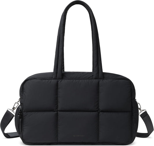 Comfyable Nylon Duffle Bag for Travel, Gym, Weekender Luggage Puffer Bag with Removable Shoe Compartment, Carrying Overnight Bag with Laptop Compartment For Women Men, Water-Repellent, Black