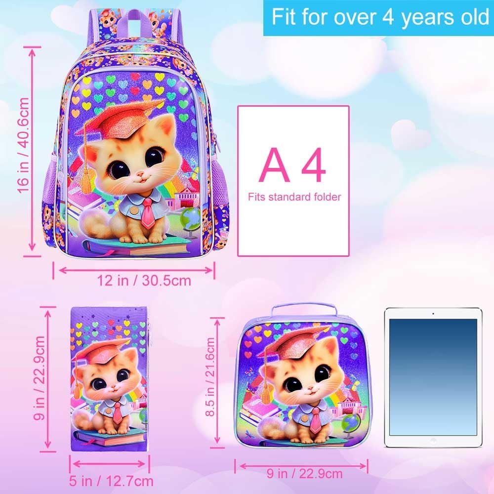 3PCS Girls Cat Backpack, 16" Kids Bookbag with Lunch Box, Kids Water Resistant Elementary Prechool Toddler Shool Bag - Purple Dr. Cat