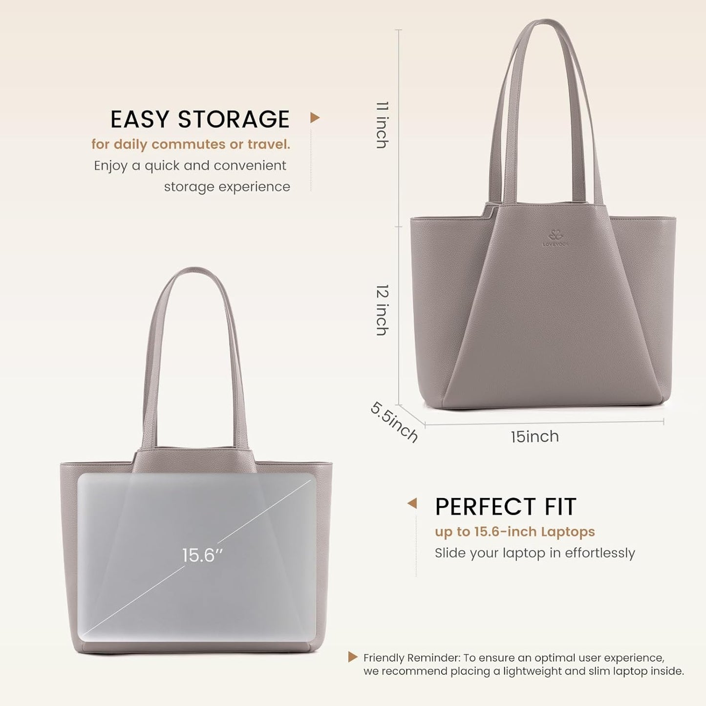 LOVEVOOKLaptop Tote for Women - 15.6 Inch PU Leather Laptop Bag with Clutch, Large Capacity Office Purse Computer Briefcase for Casual Business Travel, Apricot&brown