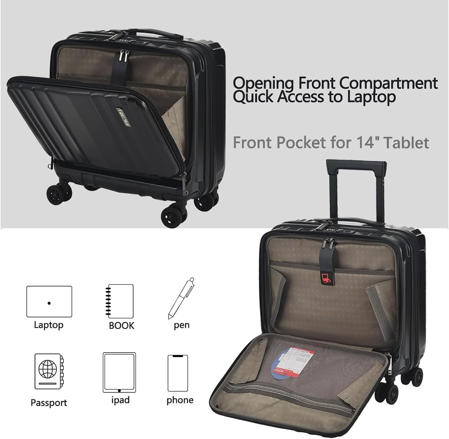 TydeCkare 16" Carry on Luggage with 2 Laptop Compartments, Lightweight Hardshell ABS+PC Suitcase with Dual Control TSA Lock, with YKK Zipper, 4 Spinner Silent Wheels, for Business Travel, Black