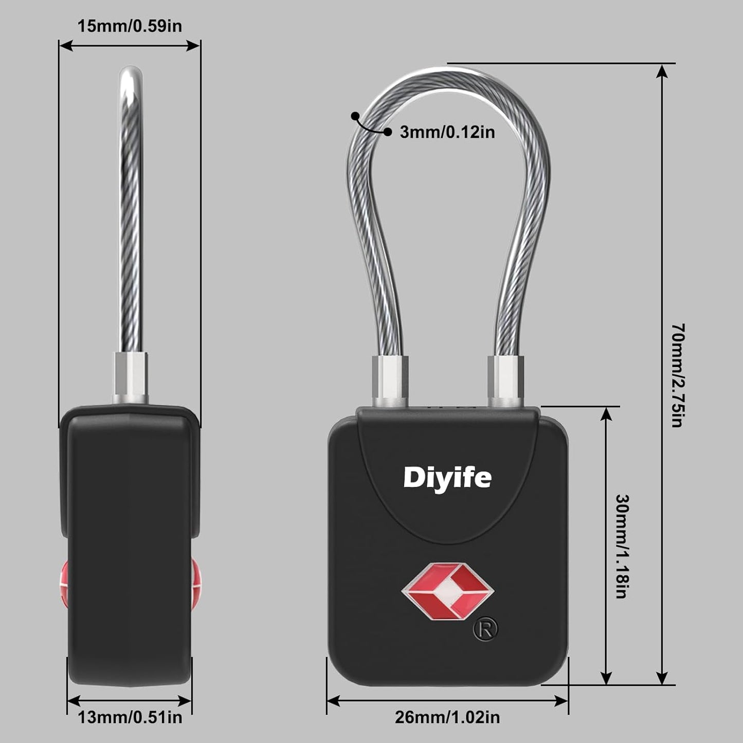 Luggage Locks with Key, [2 Pack] Diyife TSA Approved Luggage Locks, Suitcase Locks, Small TSA Travel Lock with Zinc Alloy Steel Cable Ideal for Backpacks, Bags, Toolbox, Case (Black)
