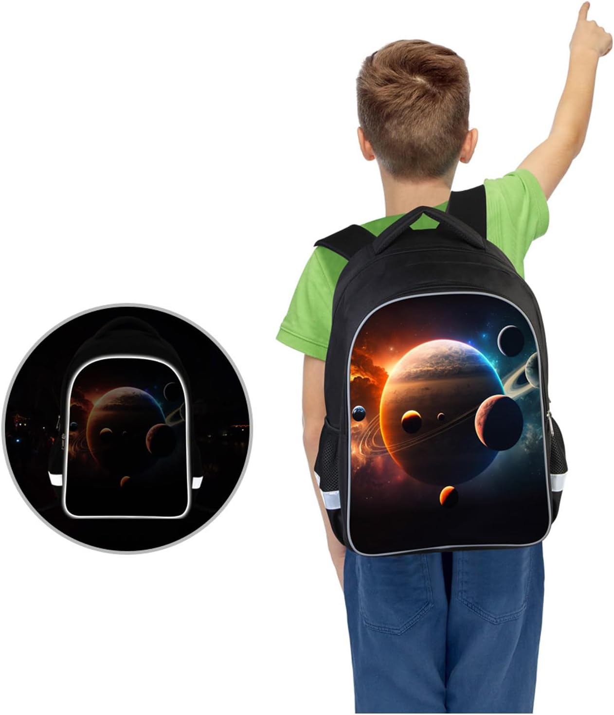 Solar System Planets Stars Space Kids Backpack, Galaxy School Bookbag for Boys and Girls, Polyester, 17 Inches Back Pack, Giftable, Bottle Holders, Tablet Compartment