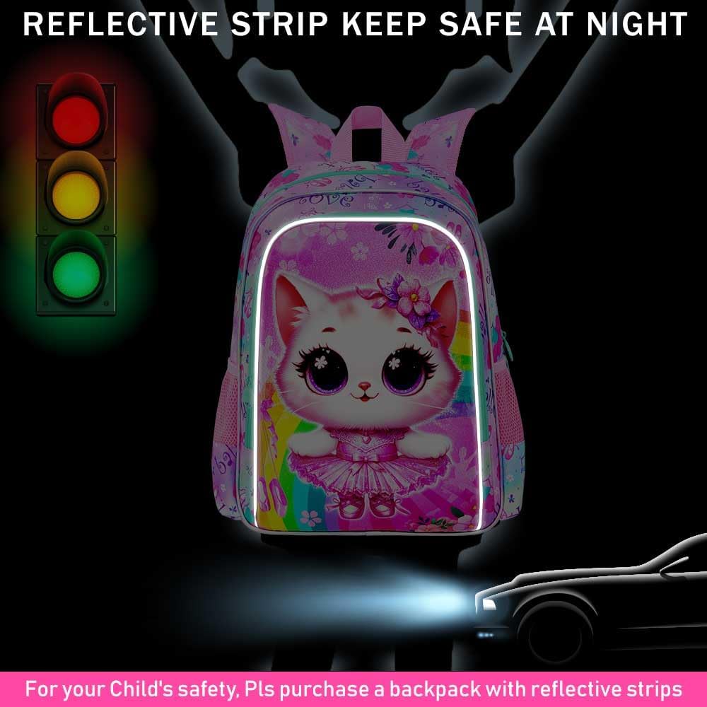 CCJPX 3PCS Cat Backpack for Girls, 16”Kids Ballet Preschool Bookbag with Lunch Box, Cute Ballet Water Resistant School Bag for Elementary Kindergarten Toddler