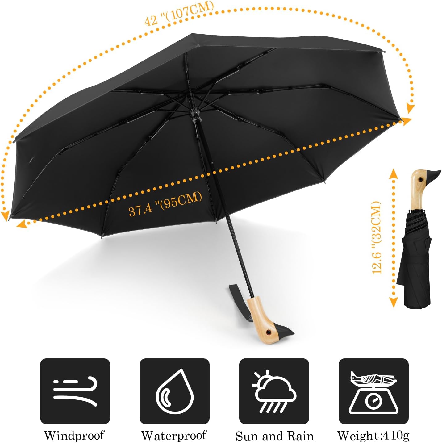 Cute Duck Handle Umbrella - Compact Travel Yellow Duck Head Umbrella for Adults and Girls