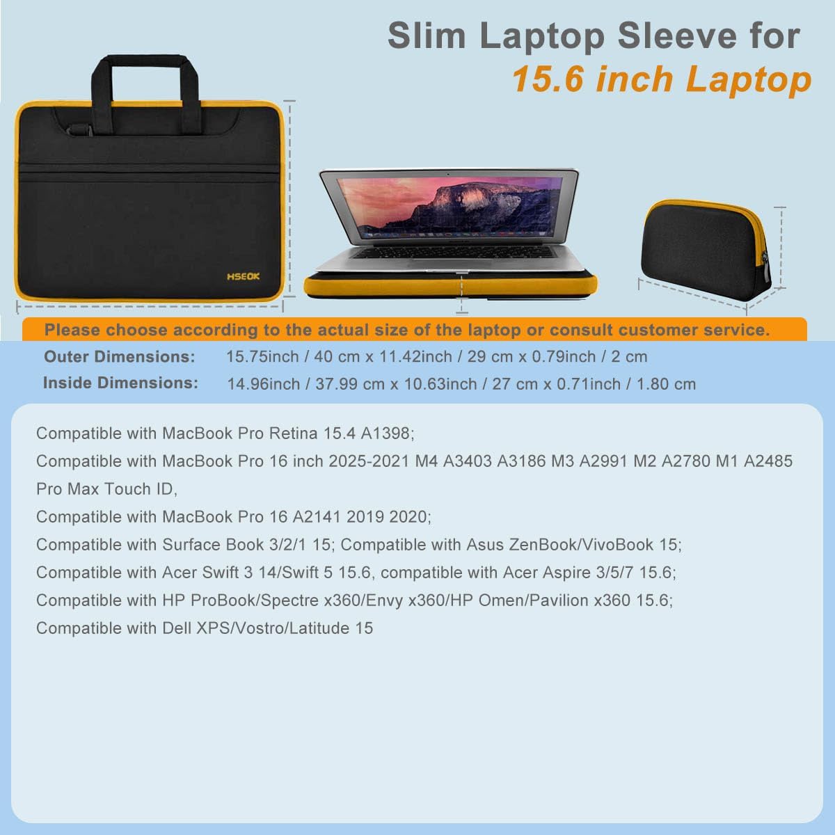 Hseok Laptop Shoulder Bag 15.6-16 inch Case, Durable Shockproof Protective Computer Carrying Briefcase with Multi-Pockets and Strap Compatible with Most 15 15.6 16 inch Notebooks,Black-yellow