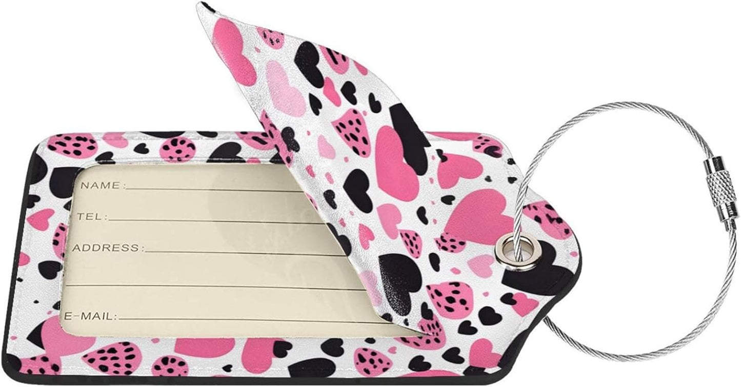 Pink Black Hearts Leather Luggage Tags with Stainless Steel Loop 2 Pack Suitcase Tags Travel Luggage Identifiers for Suitcases Privacy Cover Name Tag for Kids Adult