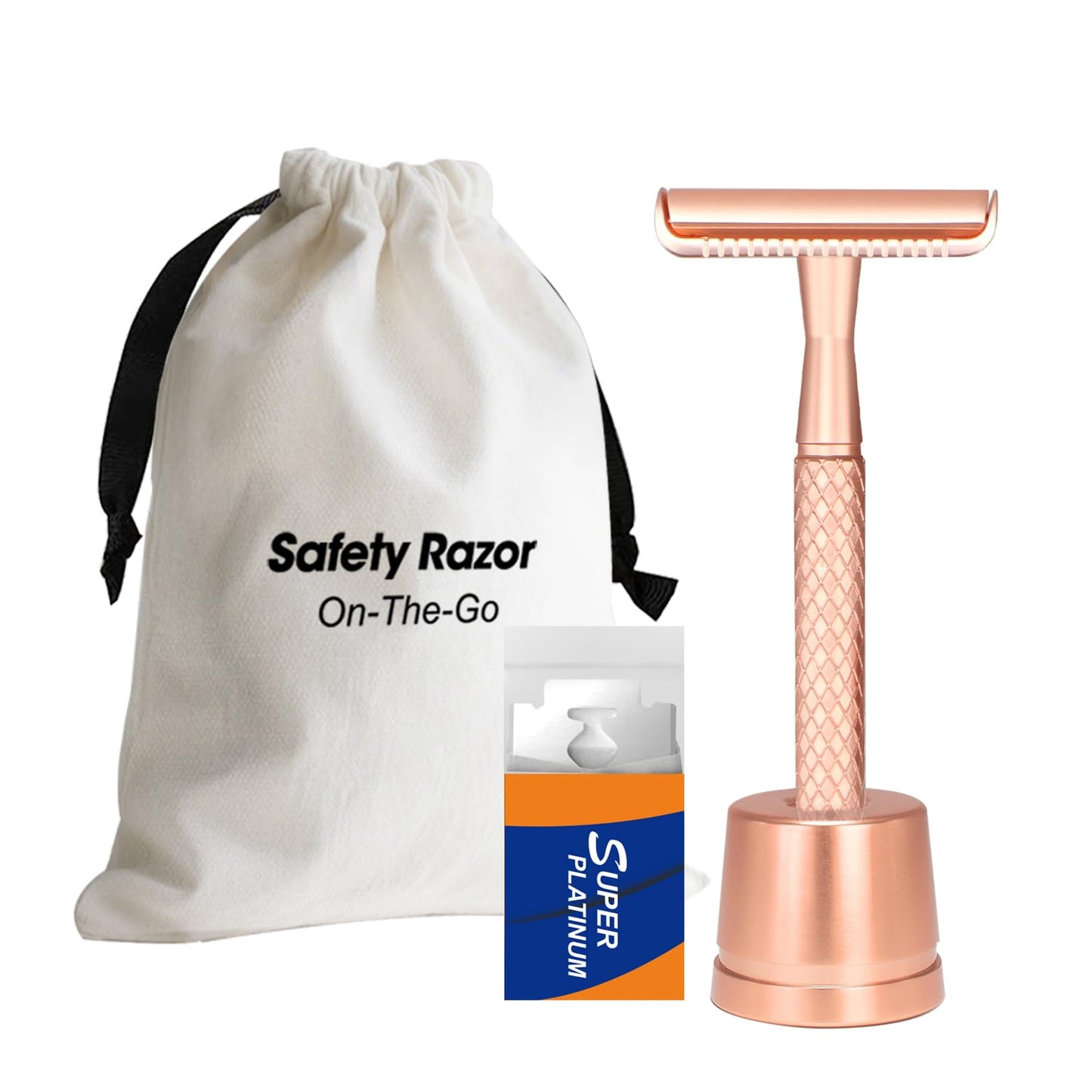Rose Gold Safety Razor with Stand - Single Blade Razors for Women - Reusable Metal Razor, with 10 Double Edge Blades, Smooth & Close Shave