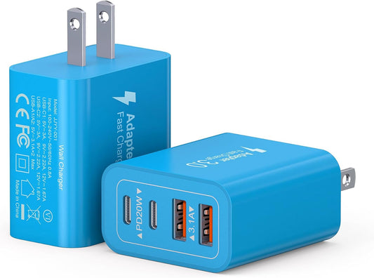 40W USB C Charger Block, 2-Pack 4-Port Type C Fast Charging Brick Dual PD&QC Wall Plug Adapter Power Brick for iPhone 13/14/15/16/17/Pro Max Plus/iPad/Airpods/iwatch/Samsung Galaxy (Light Blue)