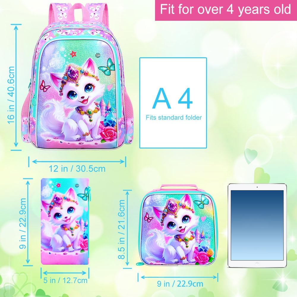 16" Fox Backpack for Girls, 3Pcs Kids Bookbag for Elementary Preschool Kindergarten, School