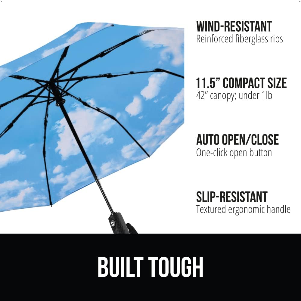 GORILLA GRIP Strong Windproof Stick Compact Umbrella for Rain, One-Click Automatic Open and Close, Durable Quick Dry Waterproof Material, Lightweight and Portable, Travel Size Fits Backpack, Sky Blue