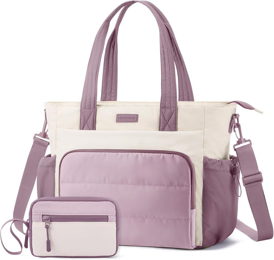 LOVEVOOK Tote Bag for Women, 15.6 Inch Puffer Laptop Work Tote with Cup Holder, Quilted Nurse Bag for Travel, Gym, Daily Use