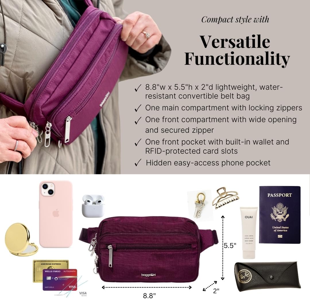 Baggallini Securtex Anti-Theft Belt Fanny Pack for Women RFID Wallet Locking Zipper-Travel Bag Crossbody Purse