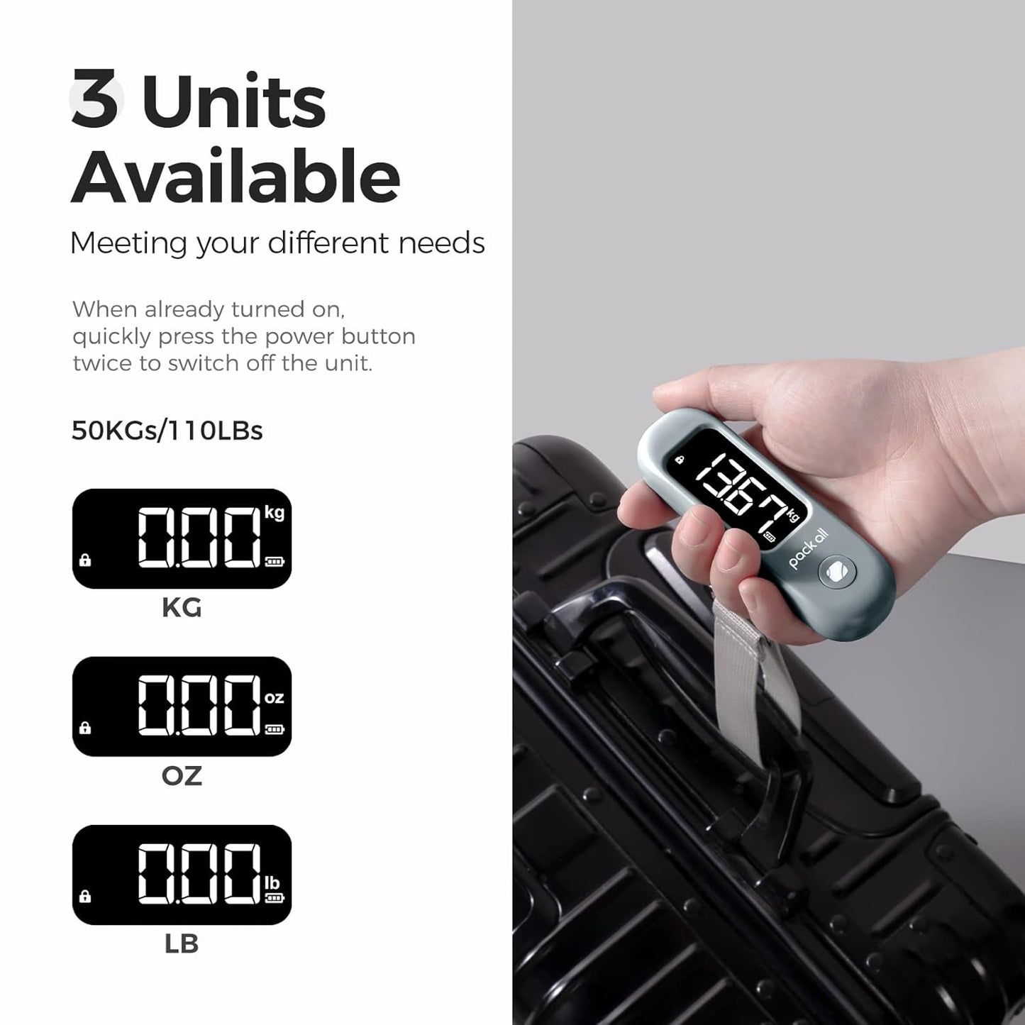 pack all 110 Lbs Luggage Scale, Digital Handheld Baggage Scale, Travel Suitcase Weight Scale with LCD Display, Battery Included, Rock Grey