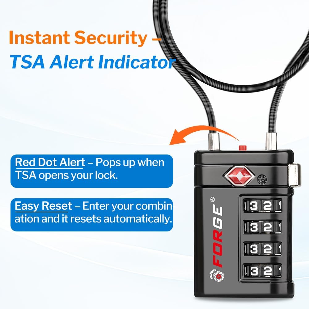 Forge TSA Approved Luggage Locks 4 Digit Combination TSA Travel Locks with TSA008, Open Alert Indicator, Zinc Alloy Body for Luggage, Suitcase, Backpack, and More. 1 15'' Cable Locks.