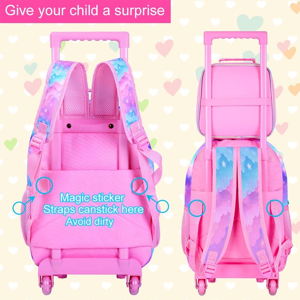 3PCS Rolling Backpack for Girls and Boys, Kids Roller Wheels Bookbag, Wheeled Elementary School Bag with Lunch Bag
