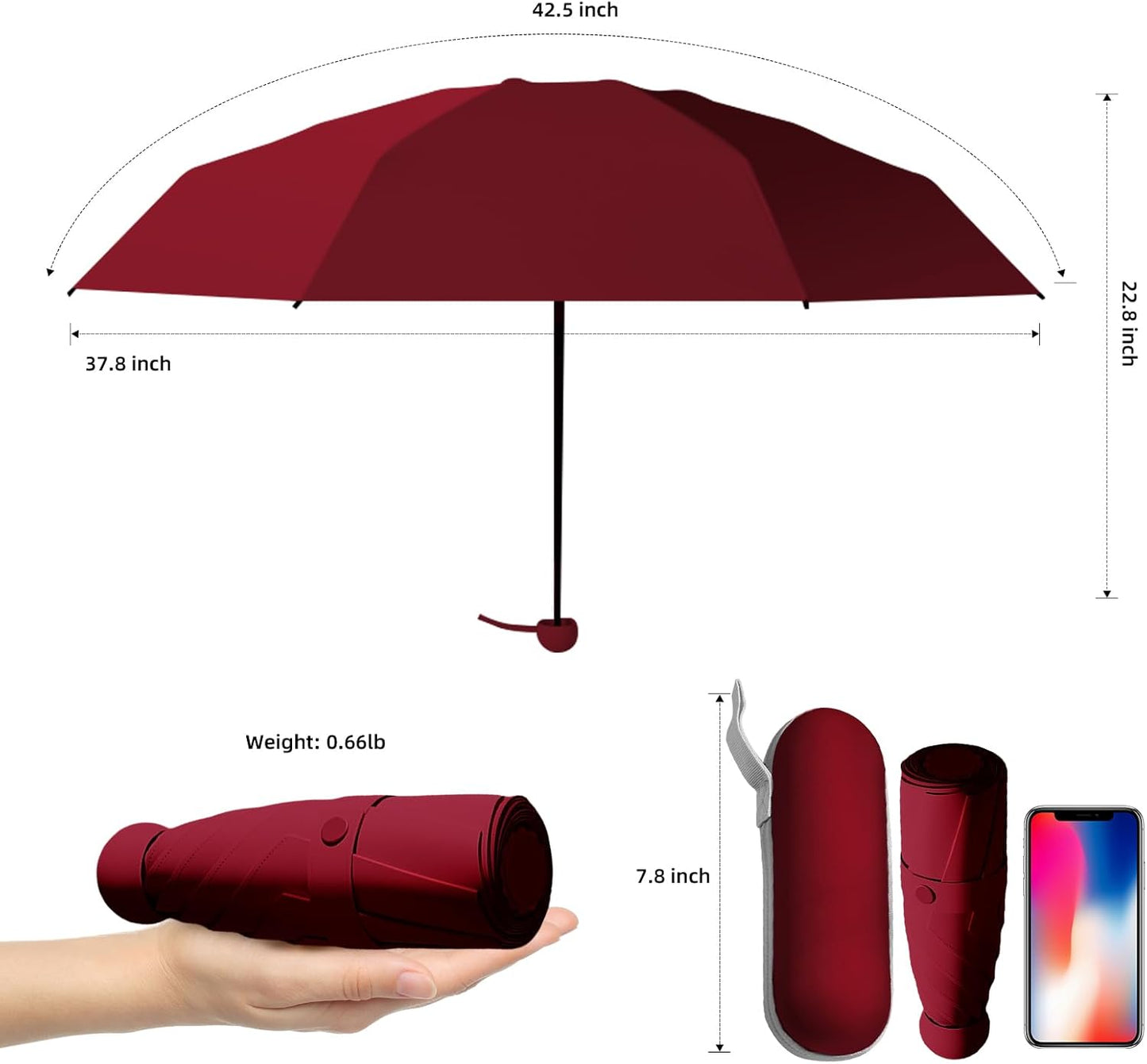Travel Mini Folding Compact Umbrella with Case, 8 Ribs Lightweight Portable, Small Sun & Rain Pocket Umbrella for Girls and Women