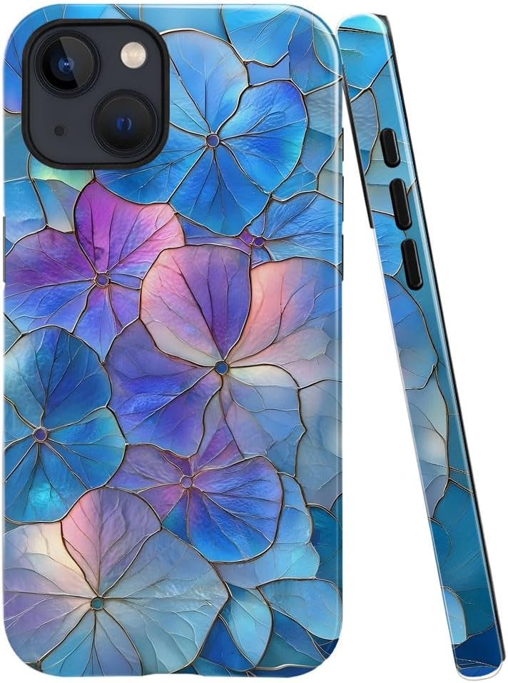 Case for iPhone 14 - Slim Fit Anti-Scratch Phone Case for Girl Women - Blue Hydrangea Floral Stained Glass Aesthetic (Glossy)