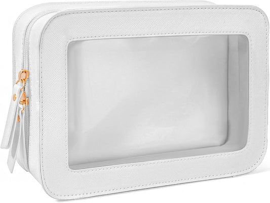 Clear Makeup Bag, Travel Cosmetic Case Toiletry Bag Make up Organizer Skincare Pouch for Women, Car Essentials Bag with Clear Windows (White, Standard)