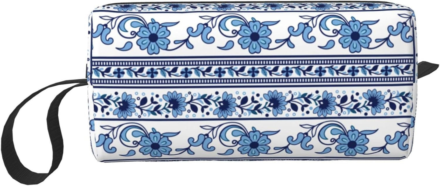 Elegant Blue & White Floral Makeup Bag Small Compact & Durable Travel Boho Cosmetic Bag Organizer Oxford Fabric Multi-Purpose Storage Perfect for Travel, Gym, Daily Use