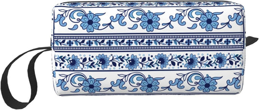 Elegant Blue & White Floral Makeup Bag Small Compact & Durable Travel Boho Cosmetic Bag Organizer Oxford Fabric Multi-Purpose Storage Perfect for Travel, Gym, Daily Use